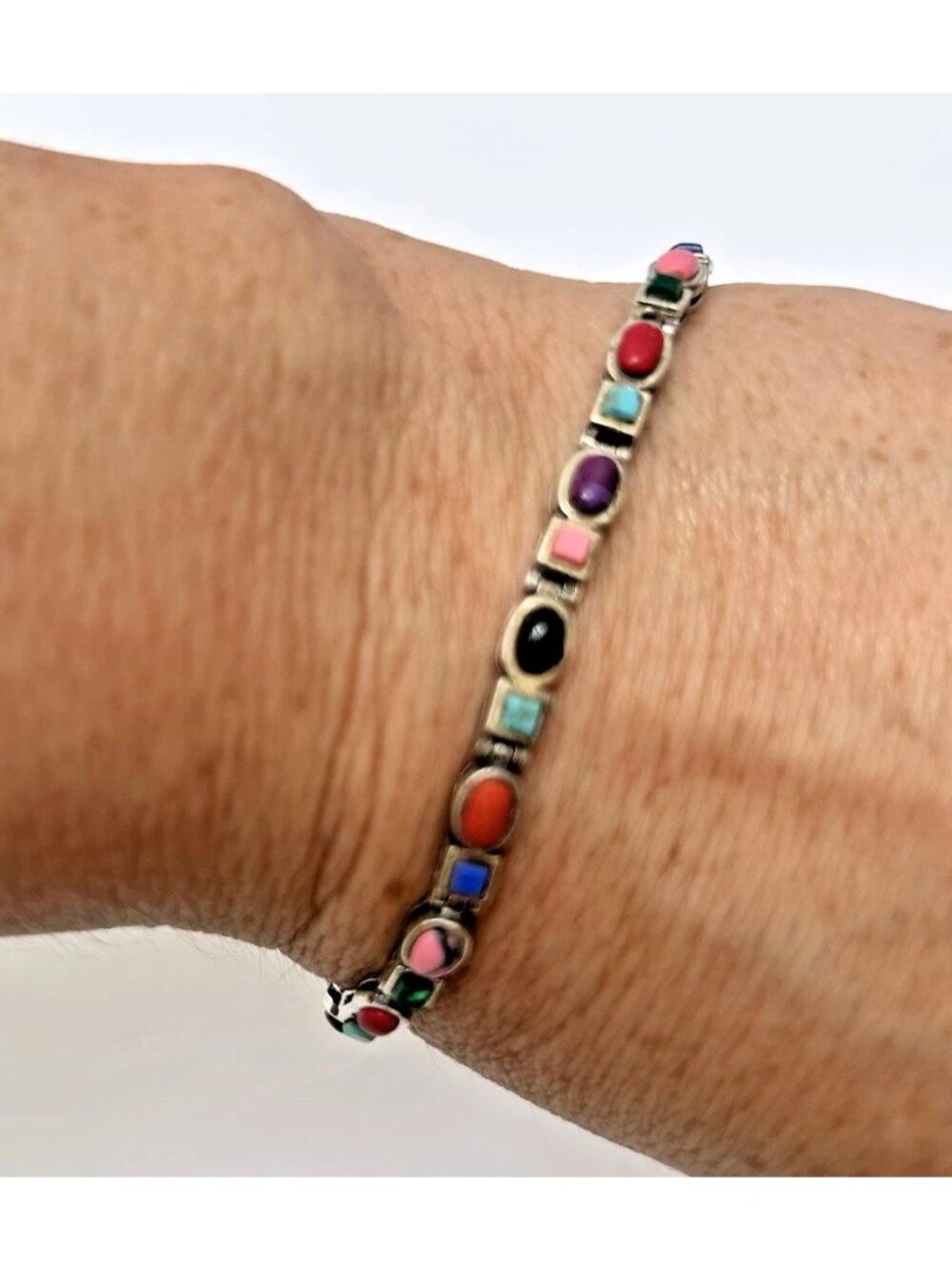 Vintage Sterling Silver 925 Colorful Gemstones Bracelet 7.5" Boho Indie Festival